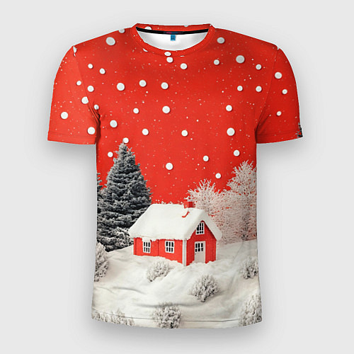 Мужская спорт-футболка Новогодний домик и красное небо / 3D-принт – фото 1