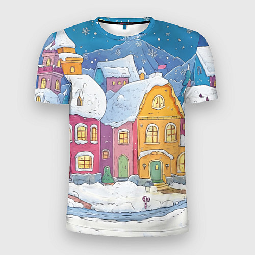 Мужская спорт-футболка Заснеженный рисованный городок / 3D-принт – фото 1