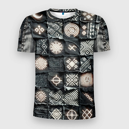 Мужская спорт-футболка Африканские знаки на пэчворк дениме / 3D-принт – фото 1