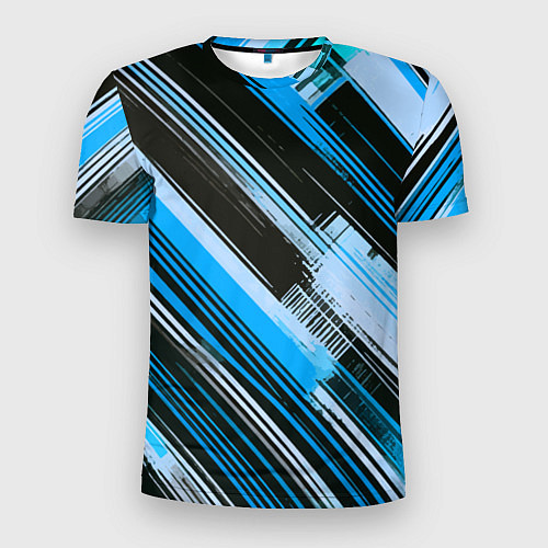 Мужская спорт-футболка Синие диагональные полосы на чёрном фоне / 3D-принт – фото 1