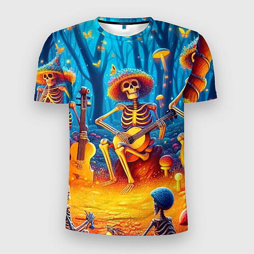 Мужская спорт-футболка Музыкальная группа скелетов на лесной поляне / 3D-принт – фото 1