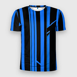 Футболка спортивная мужская Толстые синие полосы на чёрном фоне, цвет: 3D-принт