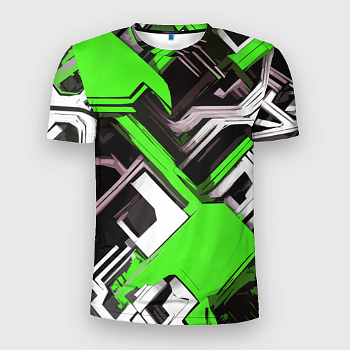 Мужская спорт-футболка Бело-зелёный техно паттерн на чёрном фоне / 3D-принт – фото 1