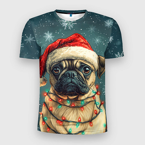 Мужская спорт-футболка Новогодний мопс в гирлянде / 3D-принт – фото 1