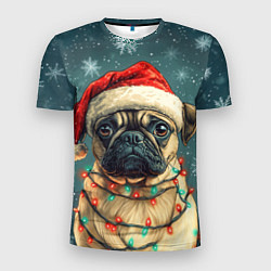 Мужская спорт-футболка Новогодний мопс в гирлянде