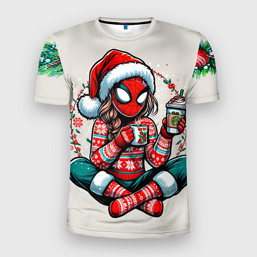 Мужская спорт-футболка Новогодняя женщина-паук с горячим шоколадом / 3D-принт – фото 1