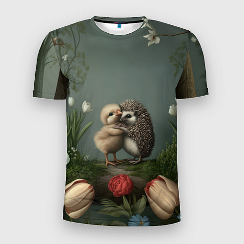 Мужская спорт-футболка Ежик и цыпленок обнимаются / 3D-принт – фото 1