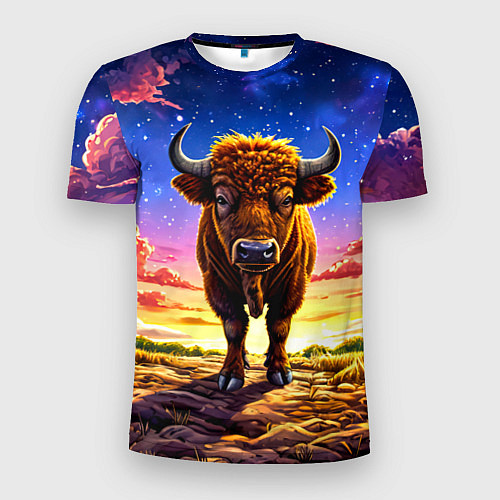 Мужская спорт-футболка Буйвол в звездной ночи / 3D-принт – фото 1