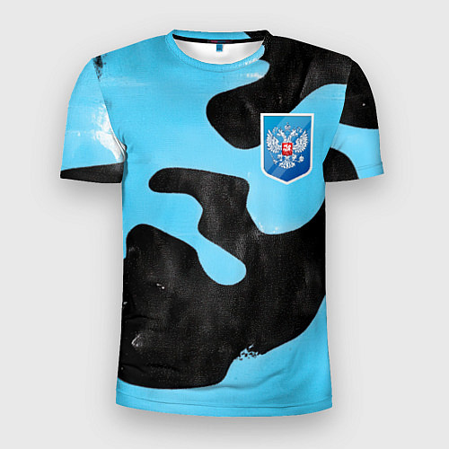 Мужская спорт-футболка Черно-зеленый камуфляж и герб РФ / 3D-принт – фото 1