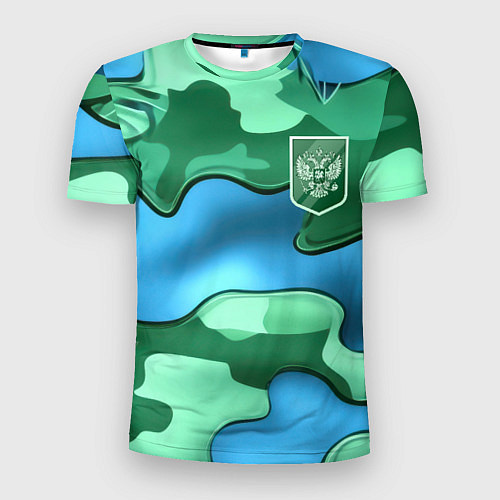 Мужская спорт-футболка Зелено-голубой камуфляж и герб РФ / 3D-принт – фото 1