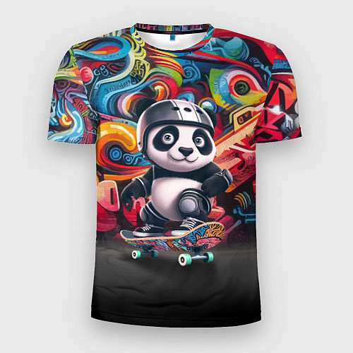 Мужская спорт-футболка Панда - крутой скейтбордист на фоне граффити / 3D-принт – фото 1