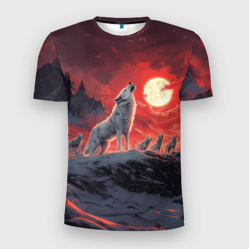 Мужская спорт-футболка Волк воет на красную луну / 3D-принт – фото 1