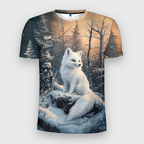 Мужская спорт-футболка Белый лисенок в зимнем лесу / 3D-принт – фото 1