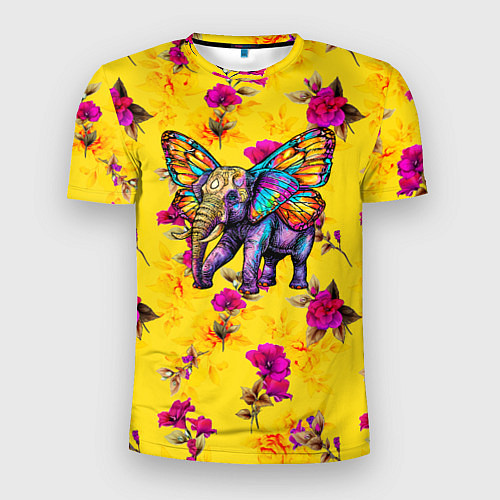 Мужская спорт-футболка Слон с крыльями бабочки на цветочном фоне / 3D-принт – фото 1