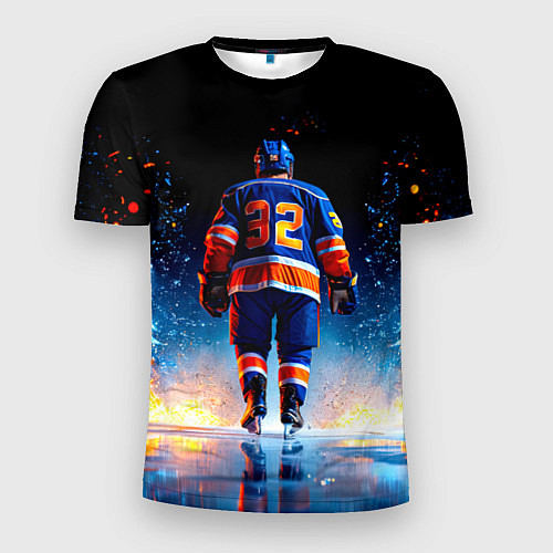Мужская спорт-футболка Хоккеист в синем пламени / 3D-принт – фото 1