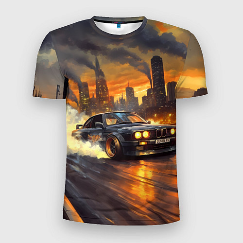 Мужская спорт-футболка BMW на фоне труб завода / 3D-принт – фото 1