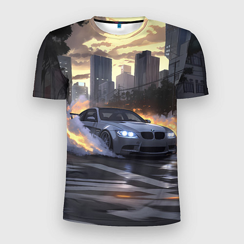 Мужская спорт-футболка БМВ в вечернем городе / 3D-принт – фото 1