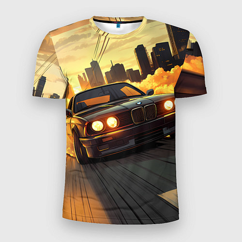 Мужская спорт-футболка БМВ на фоне заката / 3D-принт – фото 1