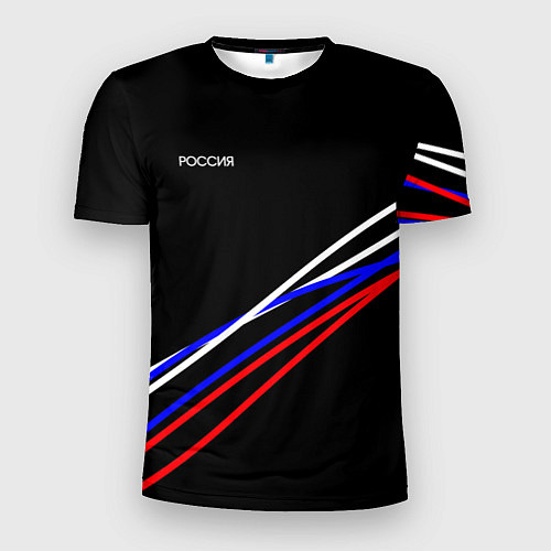 Мужская спорт-футболка Россия полосы бело-сине-красные на чёрном / 3D-принт – фото 1