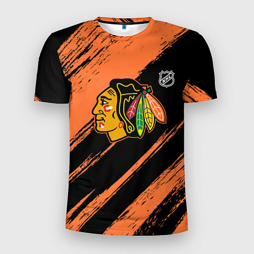 Мужская спорт-футболка Чикаго Блэкхокс - фон с оранжевыми потертостами / 3D-принт – фото 1