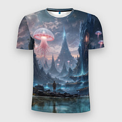 Футболка спортивная мужская Фантастический мир с медузами и озеро у гор, цвет: 3D-принт