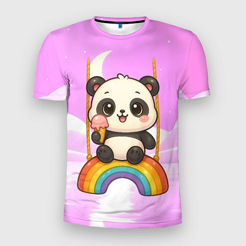Мужская спорт-футболка Панда с мороженым качается на радуге / 3D-принт – фото 1