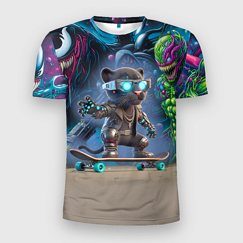 Мужская спорт-футболка Пантерёнок крутой скейтбордист на фоне граффити / 3D-принт – фото 1