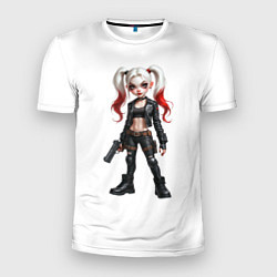 Мужская спорт-футболка Девушка в кожаной одежде с пистолетом в руке