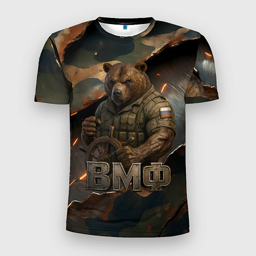 Мужская спорт-футболка ВМФ медведь у штурвала на фоне камуфляжа / 3D-принт – фото 1