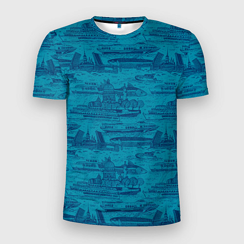 Мужская спорт-футболка Корюшка пошла по Неве на синем фоне / 3D-принт – фото 1