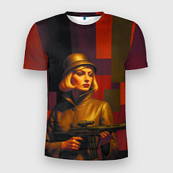 Мужская спорт-футболка Девушка с автоматом ретрофутуризм поп-арт 1970-е