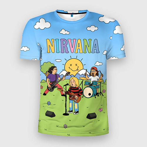 Мужская спорт-футболка Nirvana мультяшный стиль на поляне / 3D-принт – фото 1