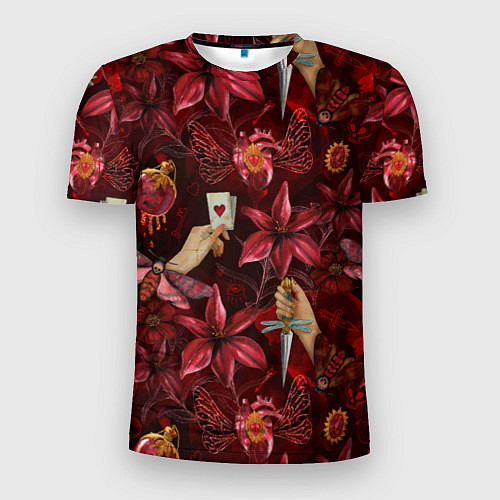 Мужская спорт-футболка Бордовая готика с сердцем, лилиями и мотыльками / 3D-принт – фото 1