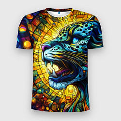 Мужская спорт-футболка Морда свирепого леопарда - витраж