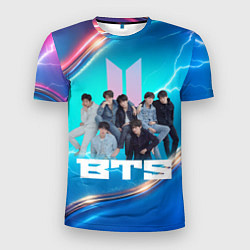 Футболка спортивная мужская BTS синий фон с молниями, цвет: 3D-принт