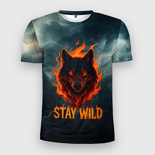 Мужская спорт-футболка Stay wild волк в огне / 3D-принт – фото 1