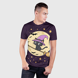 Футболка спортивная мужская Хэллоуин, кот на метле, луна, цвет: 3D-принт — фото 2