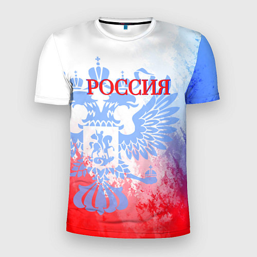 Мужская спорт-футболка Россия с гербом светлый бело-сине-красный / 3D-принт – фото 1