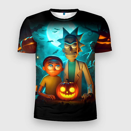 Мужская спорт-футболка Morty and Rick with pumpkin - neon halloween / 3D-принт – фото 1