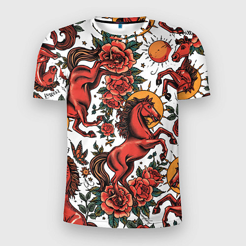 Мужская спорт-футболка Красный конь в стиле татуировки / 3D-принт – фото 1