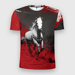 Футболка спортивная мужская Белая лошадь - красный фон, цвет: 3D-принт