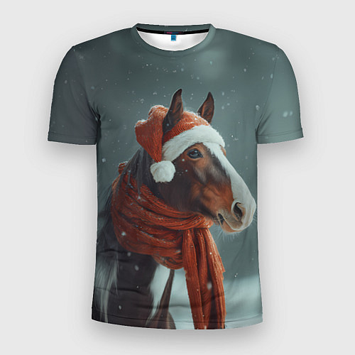 Мужская спорт-футболка Лошадь в новогодней шапке / 3D-принт – фото 1