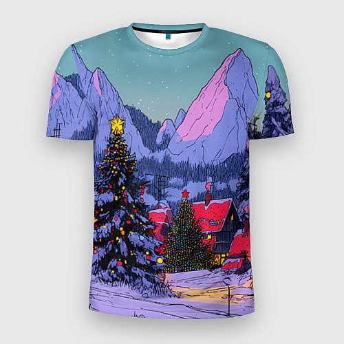 Мужская спорт-футболка Новогодние елки в горном городке / 3D-принт – фото 1