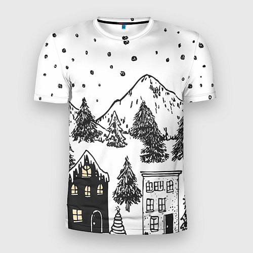 Мужская спорт-футболка Заснеженный черно-белый город / 3D-принт – фото 1