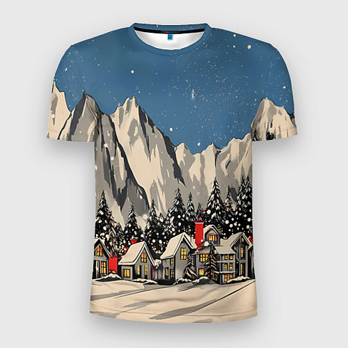 Мужская спорт-футболка Небольшой новогодний город в горах / 3D-принт – фото 1