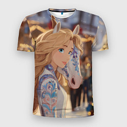 Мужская спорт-футболка Блондинка с новогодней лошадкой