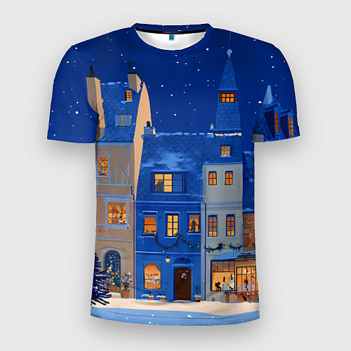 Мужская спорт-футболка Синяя новогодняя елочка во дворе / 3D-принт – фото 1
