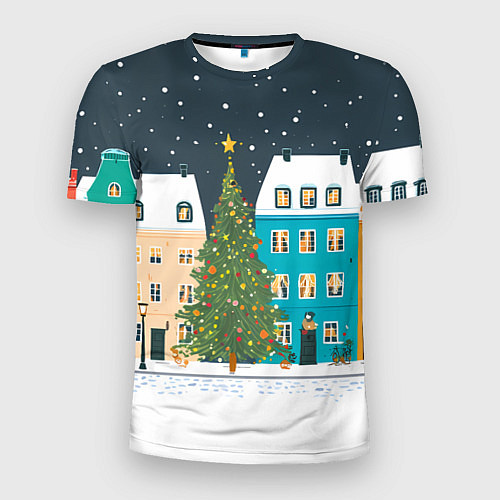 Мужская спорт-футболка Новогодний снежный город / 3D-принт – фото 1