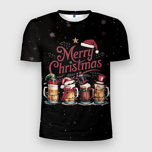 Мужская спорт-футболка Кружки пива в новогодних шапках / 3D-принт – фото 1