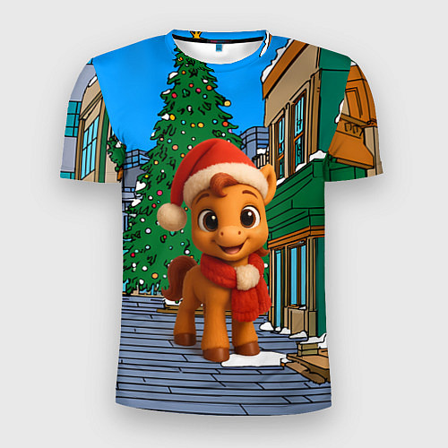 Мужская спорт-футболка Новогодняя лошадка и елка / 3D-принт – фото 1